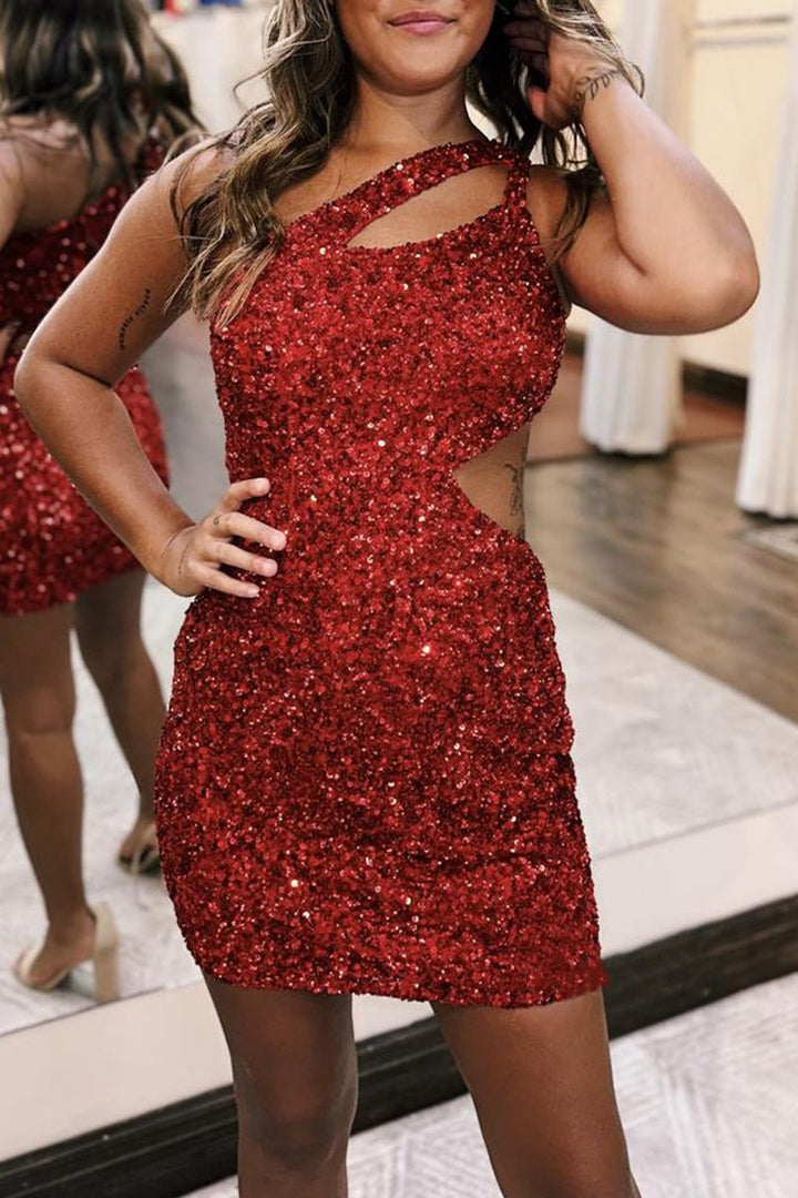 Koscy One Shoulder Sleeveless Sequined Fitted Homecoming Dress