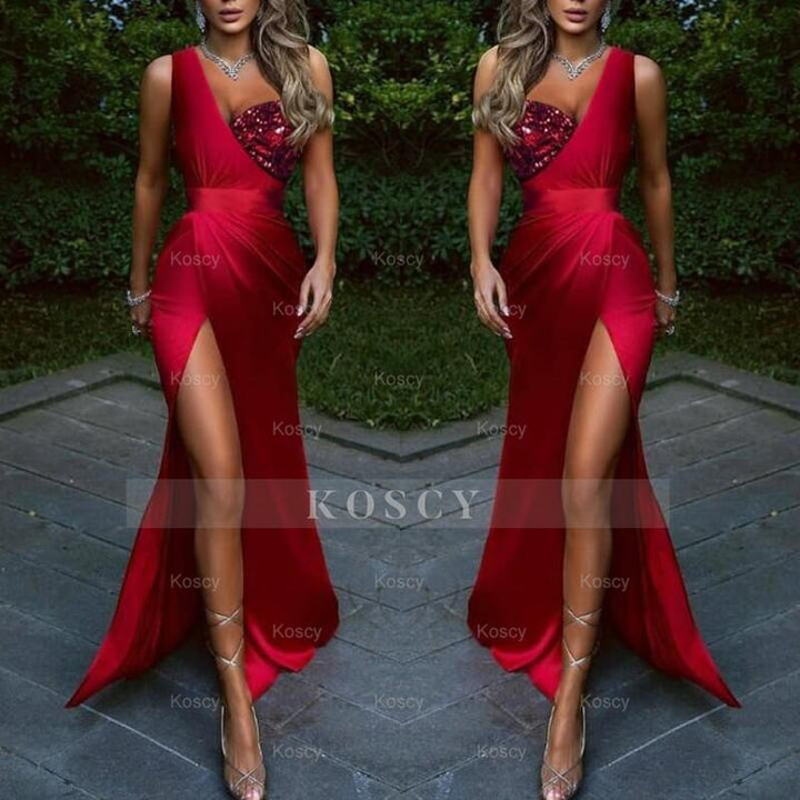Online Wine Red One Shoulder Mermaid Prom Dress With Sequins and Front Split