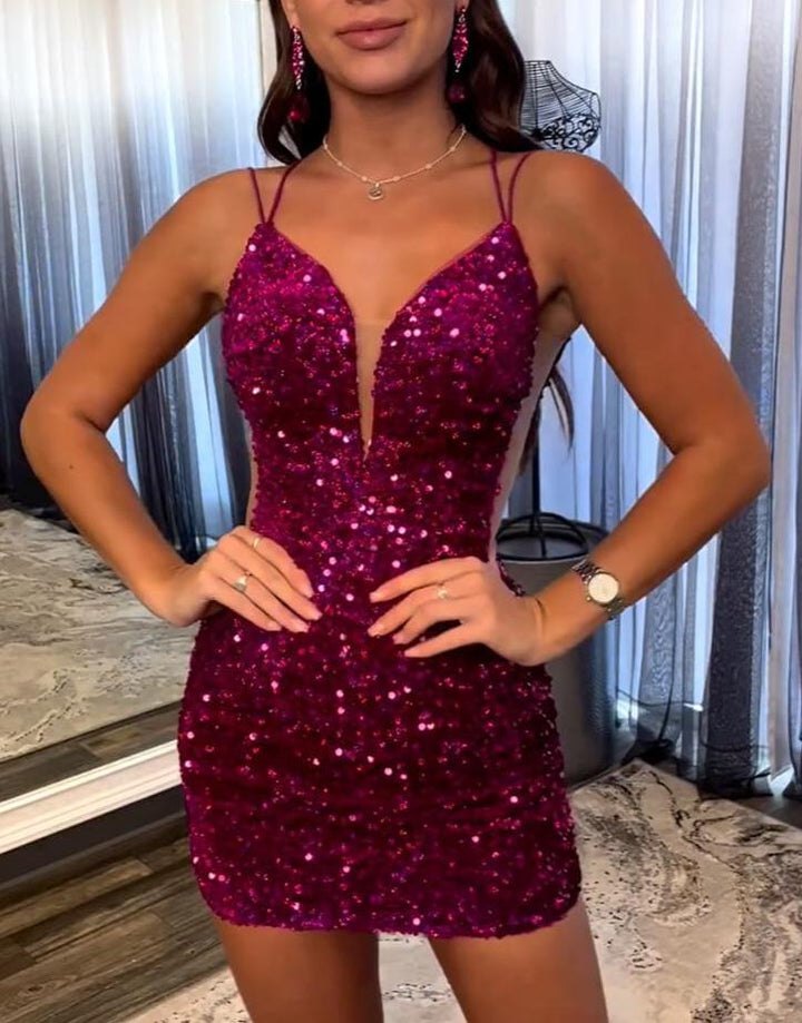 Koscy Sheath Fuchsia Sequin Homecoming Dress