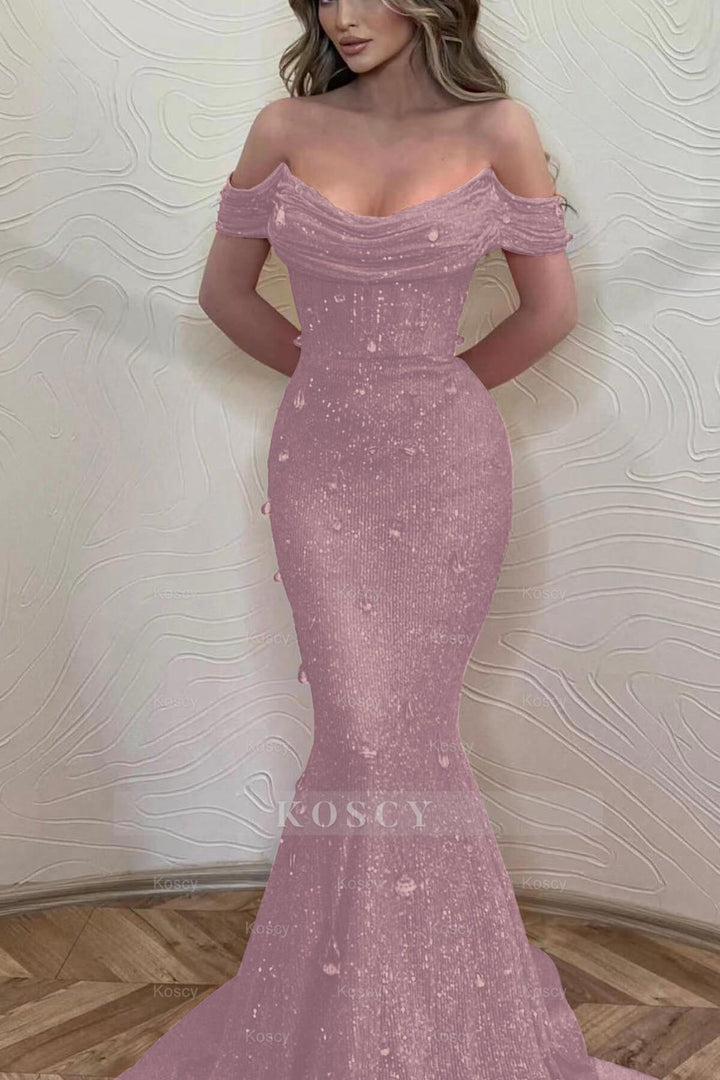 Orange Off the Shoulder Strapless Sleeveless Formal Dress With Sequins  Mermaid