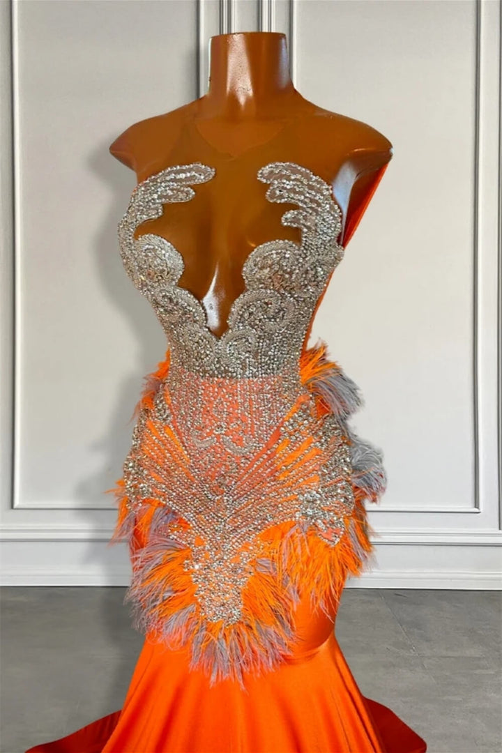 mermaid prom dresses for sale Orange Sleeveless Illusion Mermaid Prom Dresses With Beadings and Feather