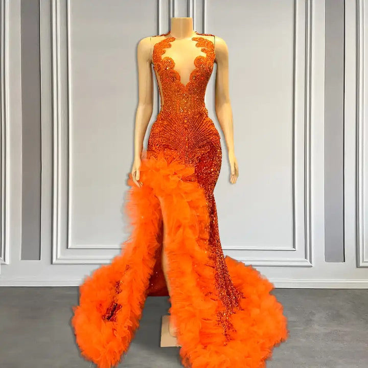 Orange Sleeveless Mermaid Formal Dresses with Side Slit and Tulle Bead