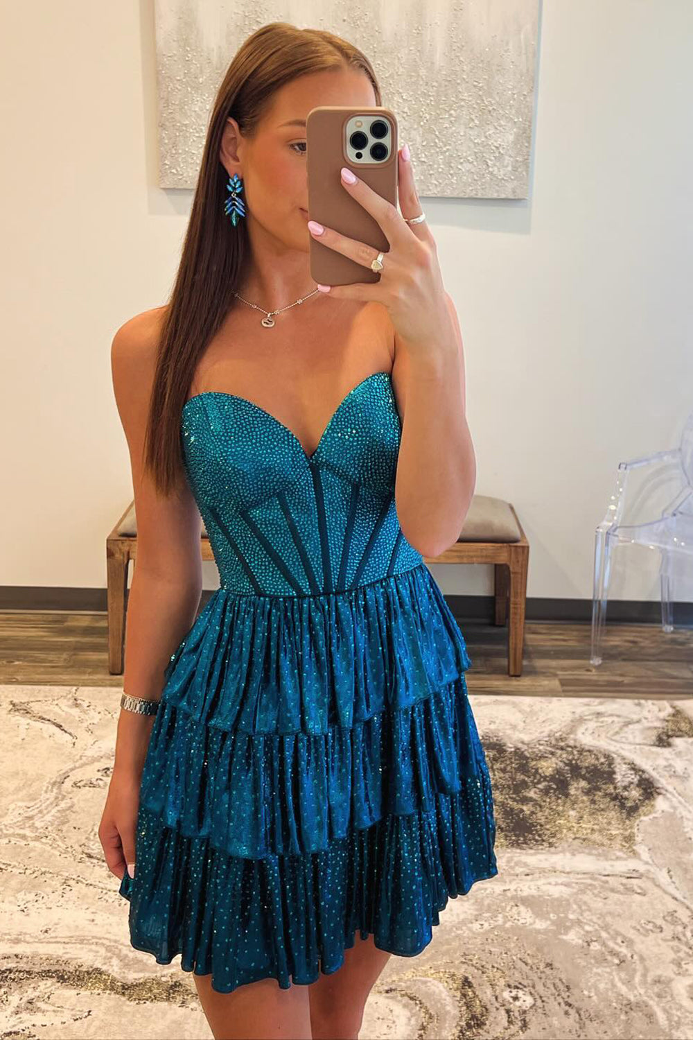 royal blue dresses for quinceanera Peacock Blue Strapless A-Line Tiered Short Corset Homecoming Dress with  Beading