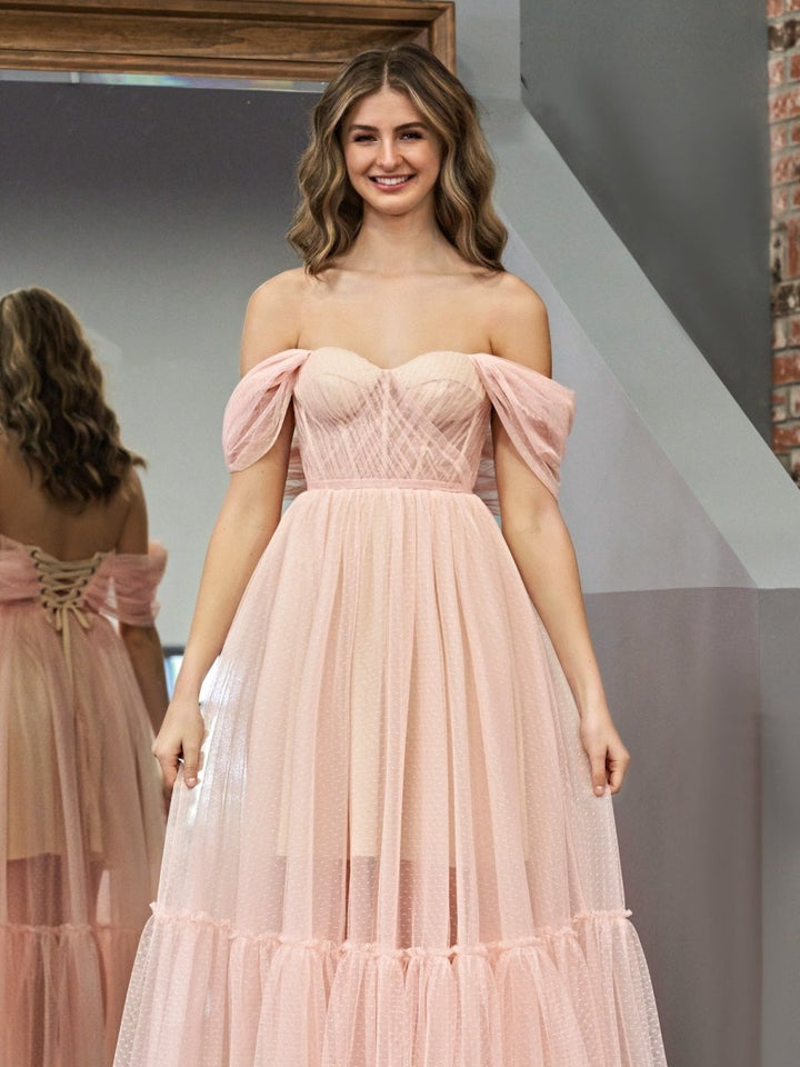 Koscy A-Line Rose Pink Tulle Sweetheart Tea-Length Prom Dress