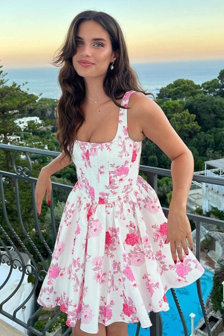Koscy Pink A Line Floral Short Homecoming Dress