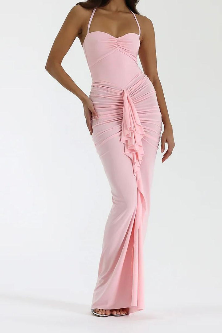 Pink Halter Sweetheart Sleeveless Pleated Long Formal Dress With Ruffles Pink Halter Sweetheart Sleeveless Pleated Long Formal Dress With Ruffles