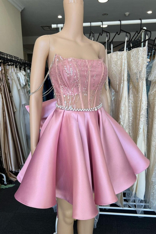 Koscy A-Line Pink Lace Off-the-Shoulder Bow-Back Short Homecoming Dress