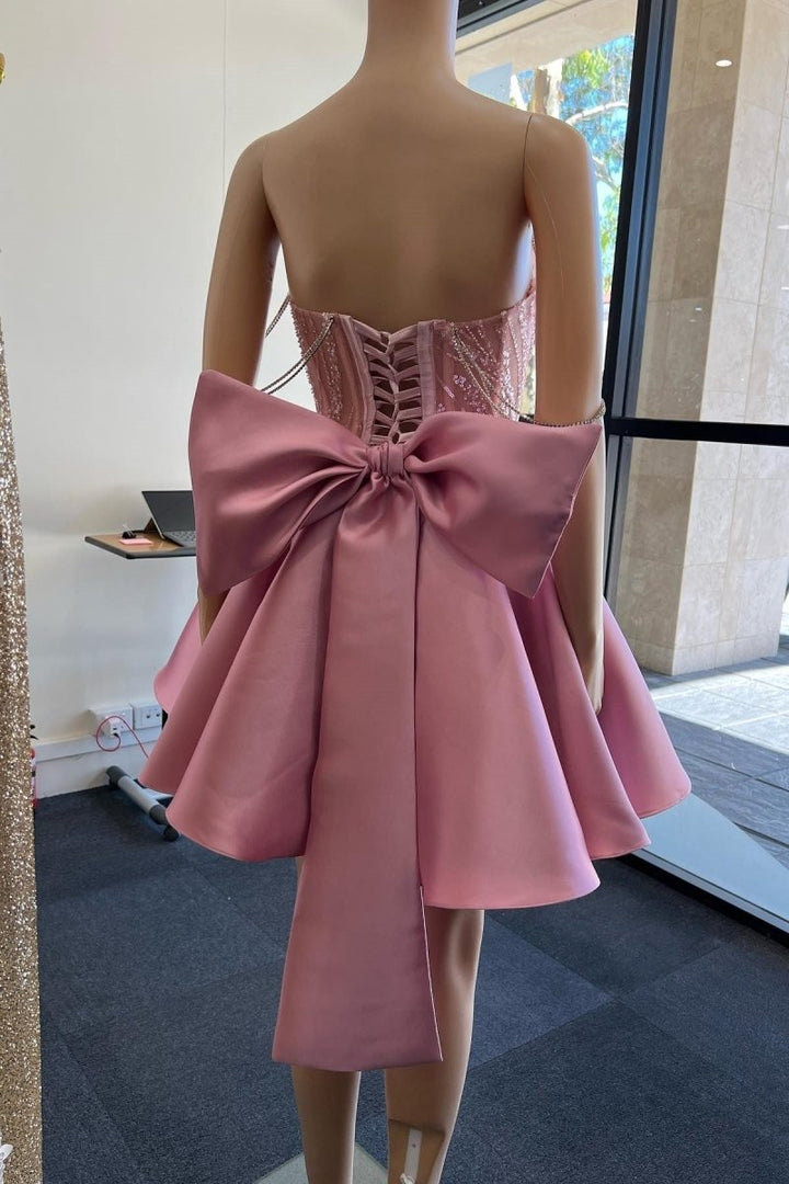 Koscy A-Line Pink Lace Off-the-Shoulder Bow-Back Short Homecoming Dress