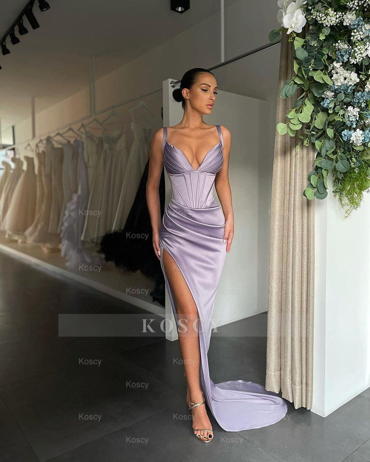 Pink Pleated Prom Dress with V Neck and High Slit