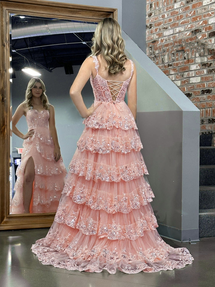 Koscy Pink Princess A Line Off the Shoulder Corset Prom Dress with Lace Ruffles