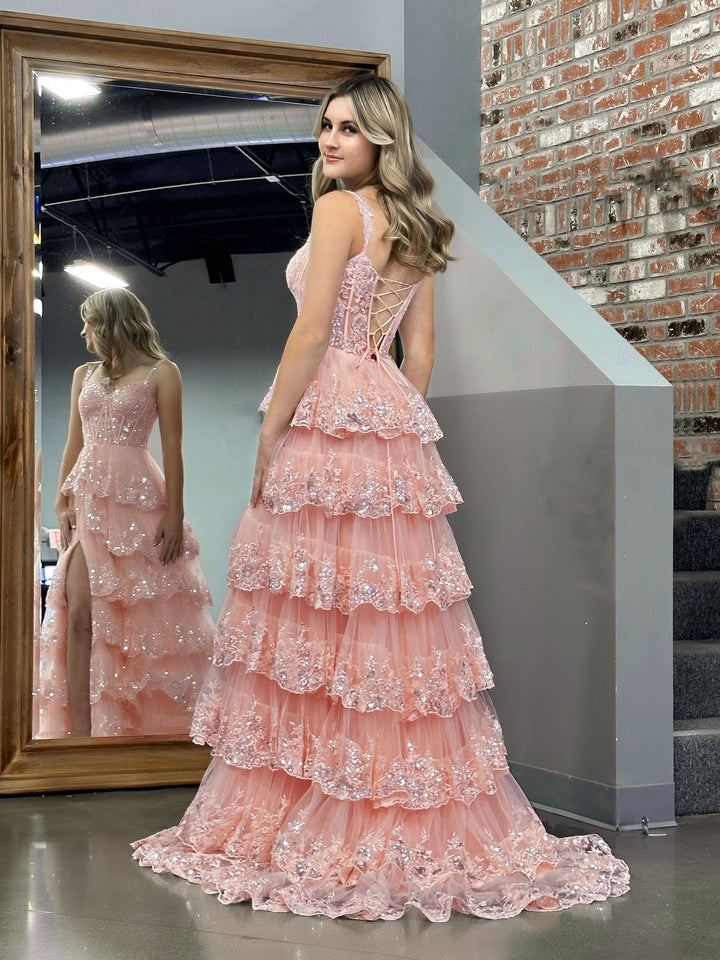 Koscy Pink Princess A Line Off the Shoulder Corset Prom Dress with Lace Ruffles