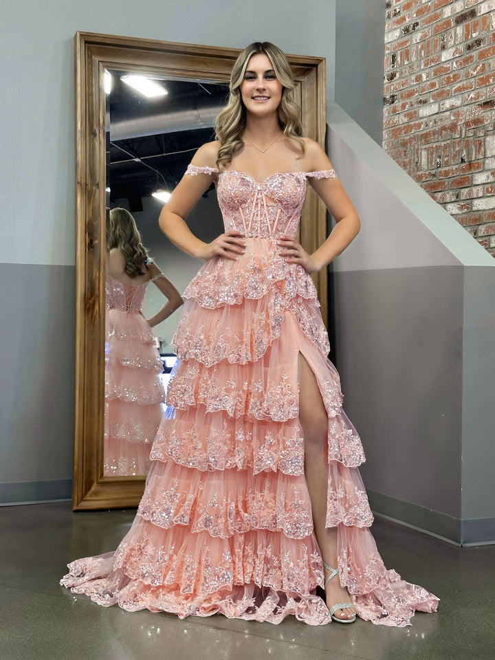 Koscy Pink Princess A Line Off the Shoulder Corset Prom Dress with Lace Ruffles