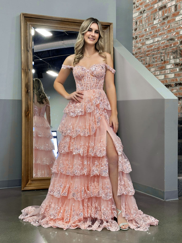 Koscy Pink Princess A Line Off the Shoulder Corset Prom Dress with Lace Ruffles