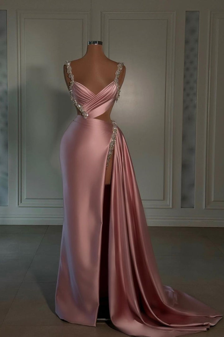 pink high slit dress Pink Off-Shoulder Prom Dress with Sheer Beaded Corset and Satin High Slit  Skirt – SS020 – Viniodress main image 0