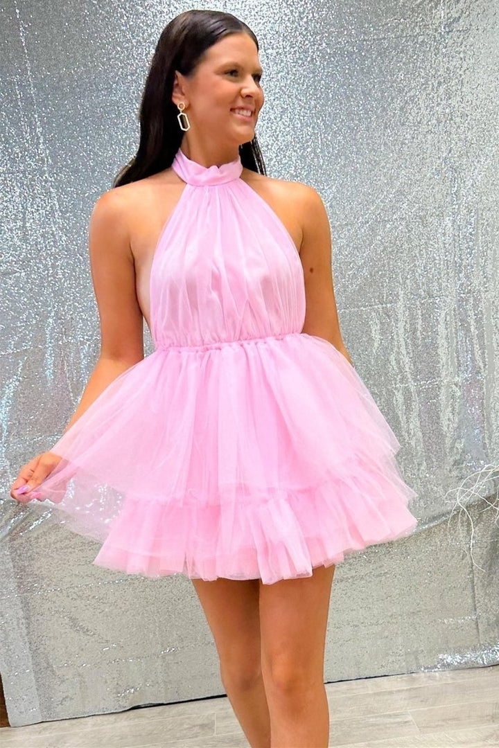 Koscy Pink Tulle Halter Short Homecoming Dress with Ruffles