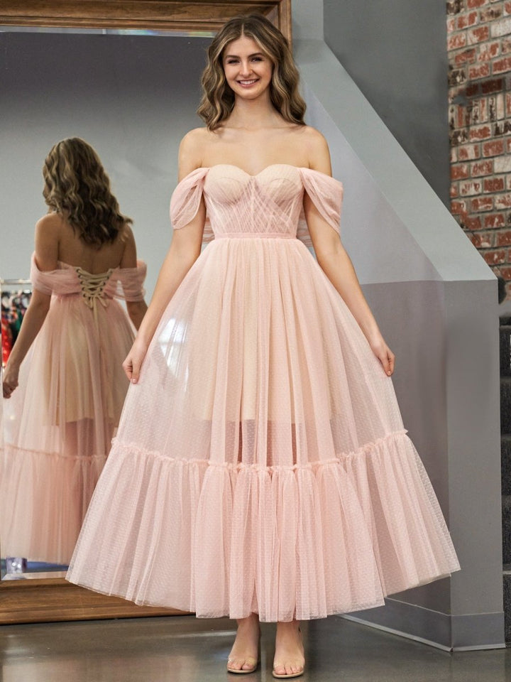 Koscy A-Line Rose Pink Tulle Sweetheart Tea-Length Prom Dress