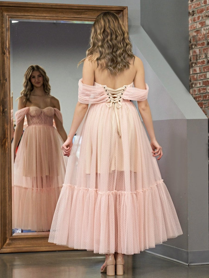 Koscy A-Line Rose Pink Tulle Sweetheart Tea-Length Prom Dress