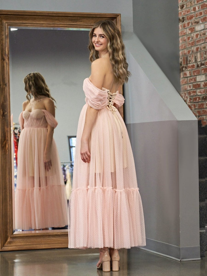 Koscy A-Line Rose Pink Tulle Sweetheart Tea-Length Prom Dress