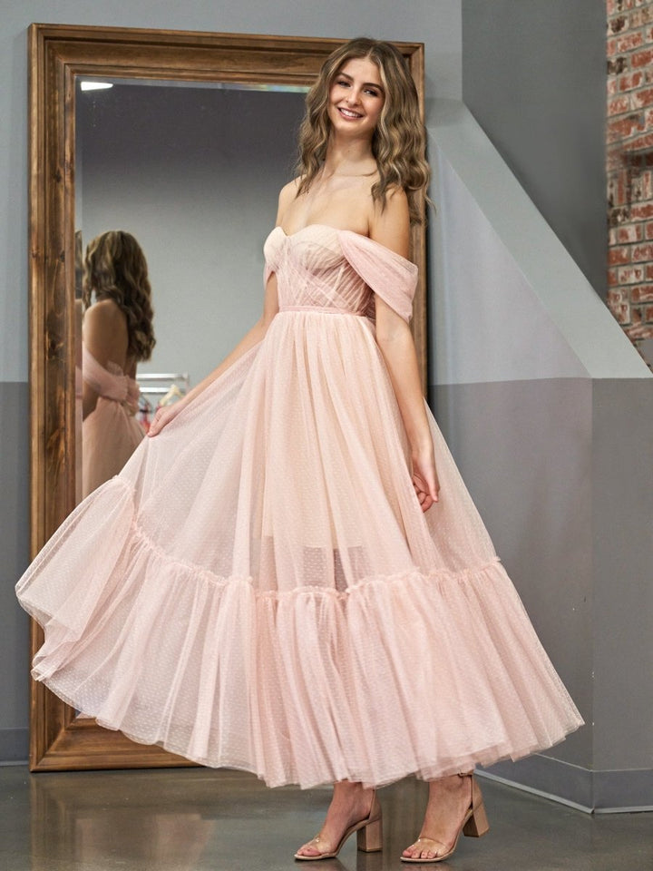 Koscy A-Line Rose Pink Tulle Sweetheart Tea-Length Prom Dress