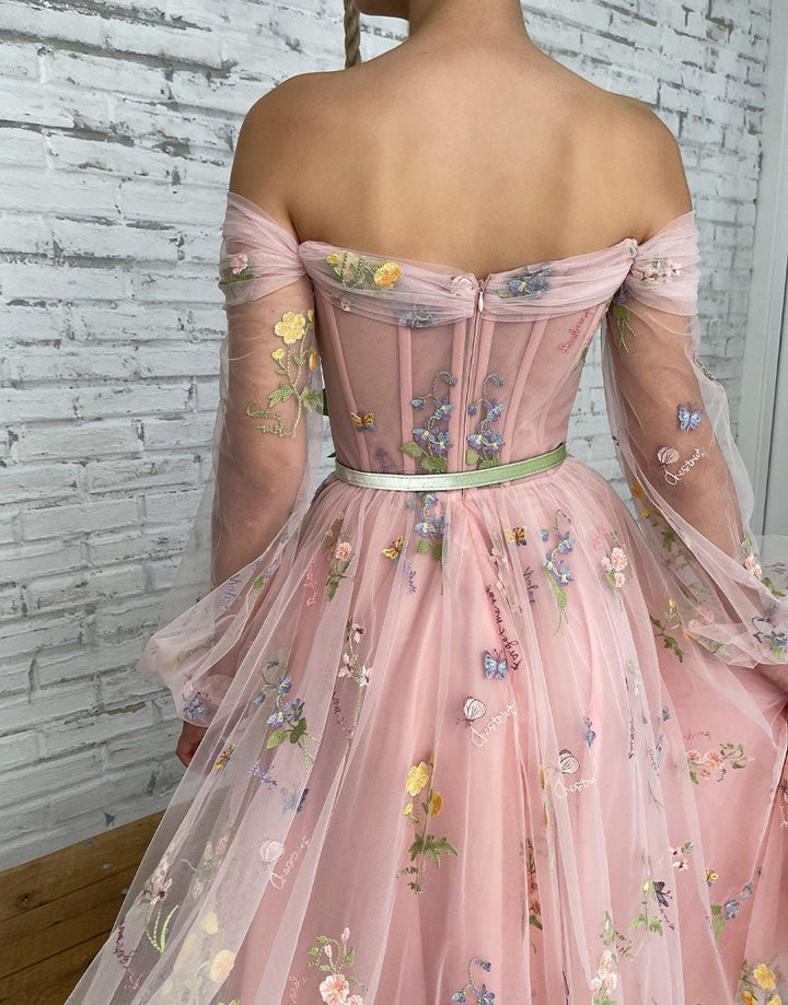 Koscy A-line Light Pink Embroidery Off the Shoulder Prom Dress