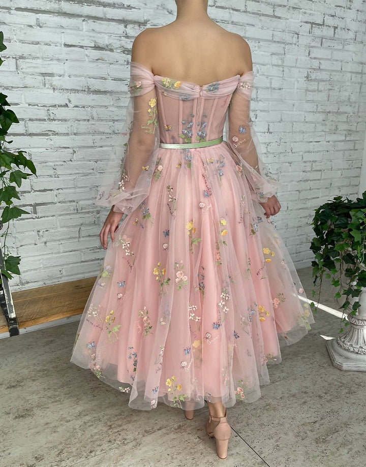 Koscy A-line Light Pink Embroidery Off the Shoulder Prom Dress