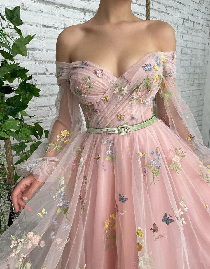 Koscy A-line Light Pink Embroidery Off the Shoulder Prom Dress