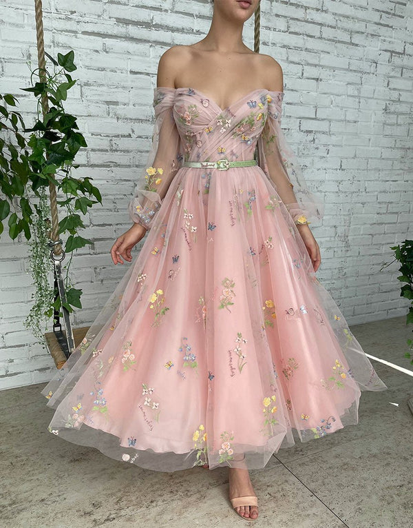 Koscy A-line Light Pink Embroidery Off the Shoulder Prom Dress