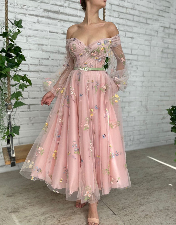 Koscy A-line Light Pink Embroidery Off the Shoulder Prom Dress