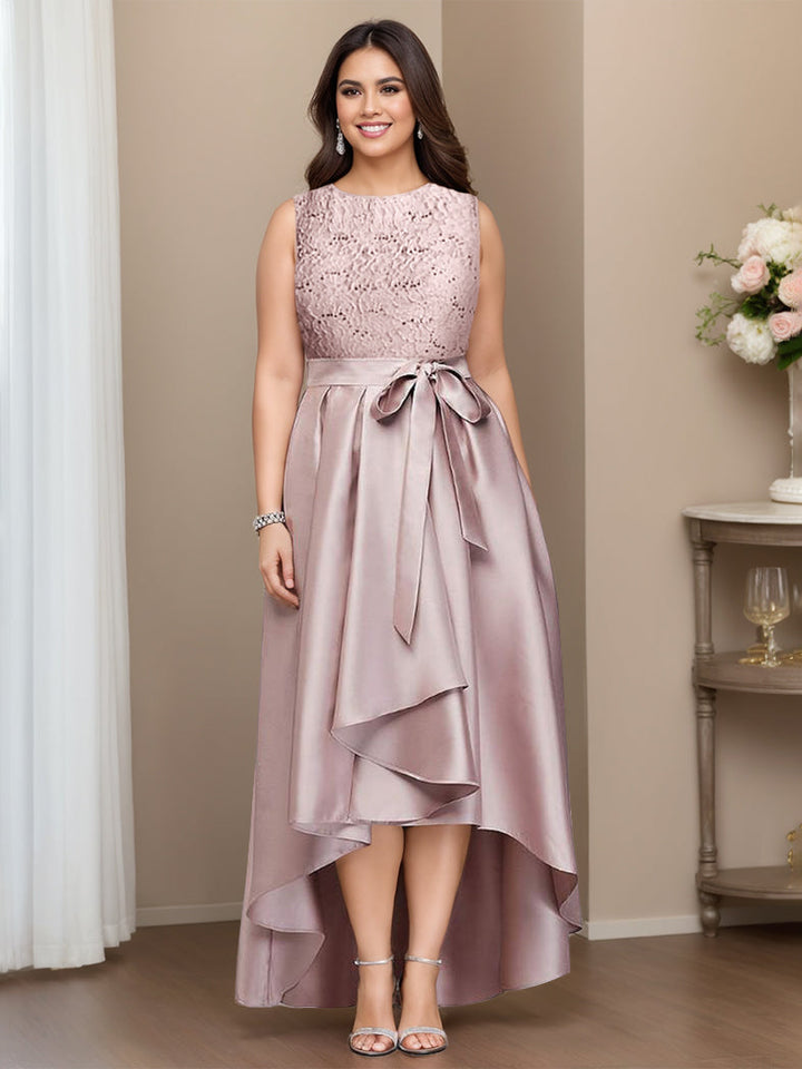Plus Size Asymmetrical A-Line Mother Of The Bride Dress With Jewel Neck And  Pleats