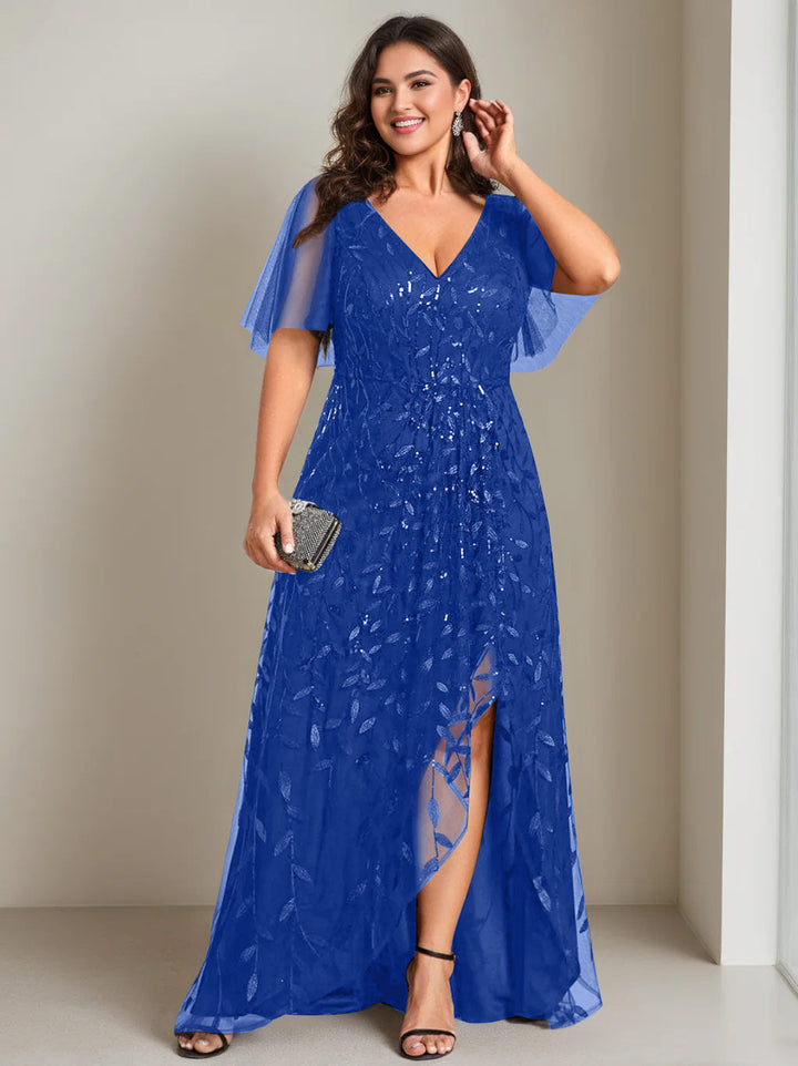 Plus Size Asymmetrical A-Line Princess V-Neck Short Sleeve Mother of the Bride Dress with Plus Size Asymmetrical A-Line Princess V-Neck Short Sleeve Mother of the Bride Dress with