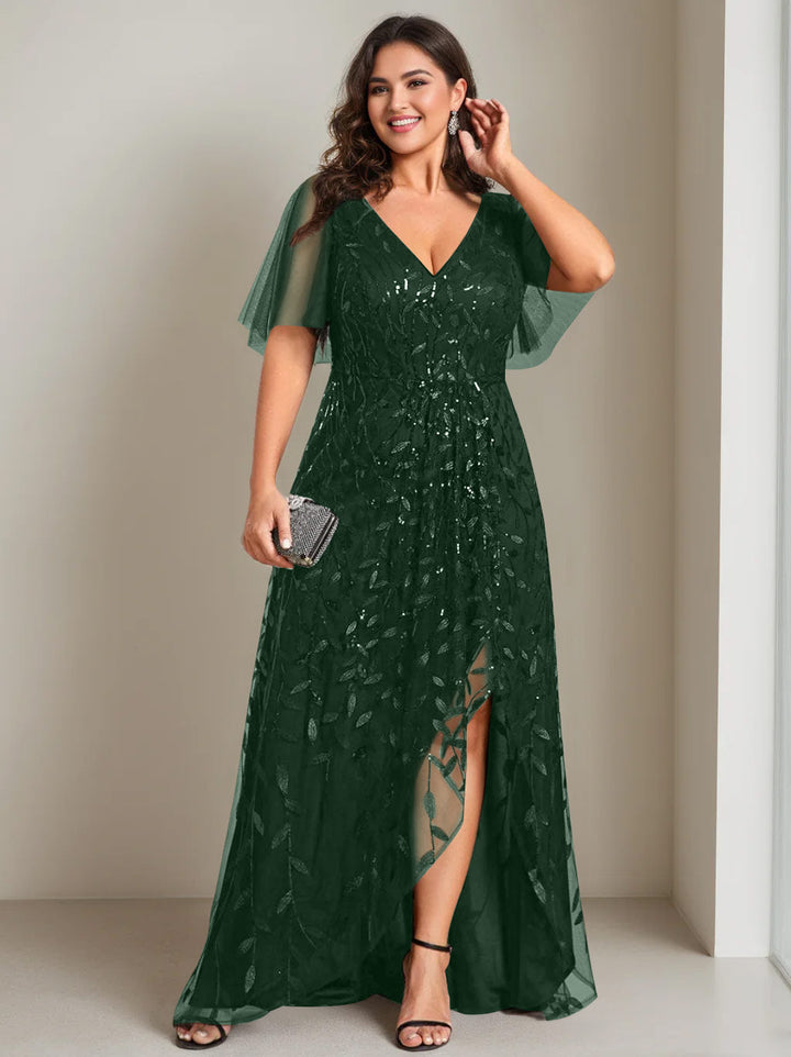 A-Line/Princess V-Neck Short Sleeves Asymmetrical Plus Size Mother Of The Bride Dresses With Sequins