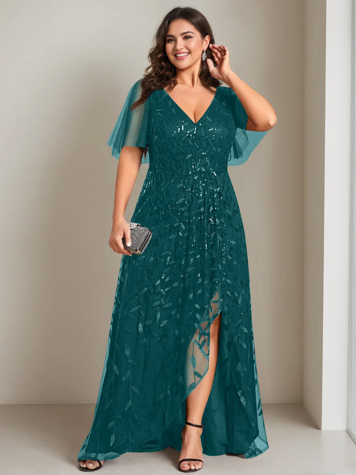 Plus Size Asymmetrical A-Line Princess V-Neck Short Sleeve Mother of the Bride Dress with