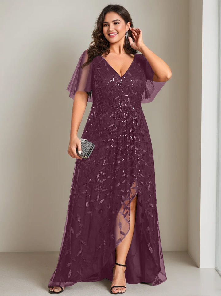 Plus Size Asymmetrical A-Line Princess V-Neck Short Sleeve Mother of the  Bride Dress with