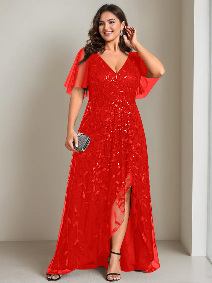 A-Line/Princess V-Neck Short Sleeves Asymmetrical Plus Size Mother Of The Bride Dresses With Sequins