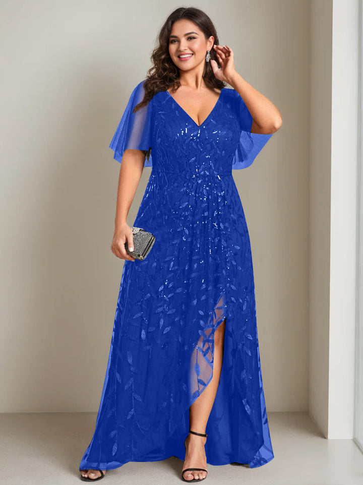 Plus Size Asymmetrical A-Line Princess V-Neck Short Sleeve Mother of the Bride Dress with Plus Size Asymmetrical A-Line Princess V-Neck Short Sleeve Mother of the Bride Dress with