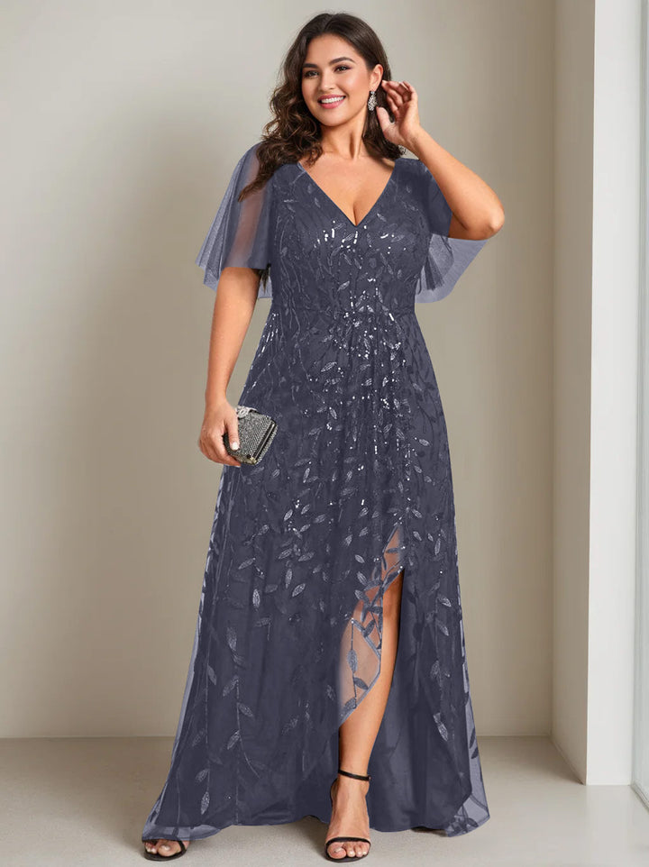 Plus Size Asymmetrical A-Line Princess V-Neck Short Sleeve Mother of the Bride Dress with Plus Size Asymmetrical A-Line Princess V-Neck Short Sleeve Mother of the Bride Dress with
