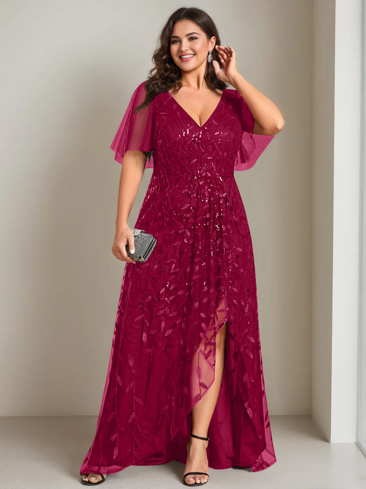 Plus Size Asymmetrical A-Line Princess V-Neck Short Sleeve Mother of the Bride Dress with Sequins Plus Size Asymmetrical A-Line Princess V-Neck Short Sleeve Mother of the Bride Dress with Sequins