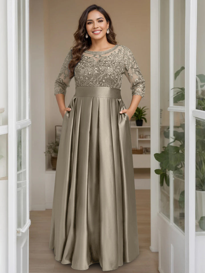 Plus Size Floor-Length Mother of the Bride A-Line Dress with 3/4 Sleeves  Scoop