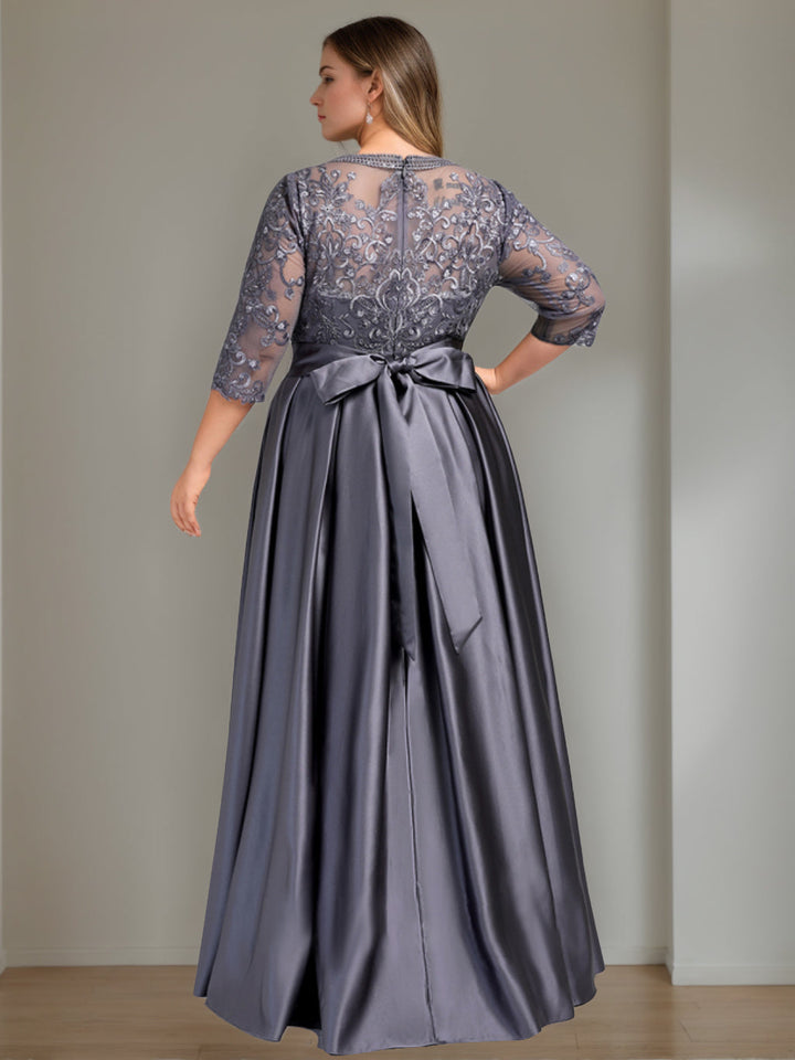 Plus Size Floor-Length Mother of the Bride A-Line Dress with 3/4 Sleeves  Scoop
