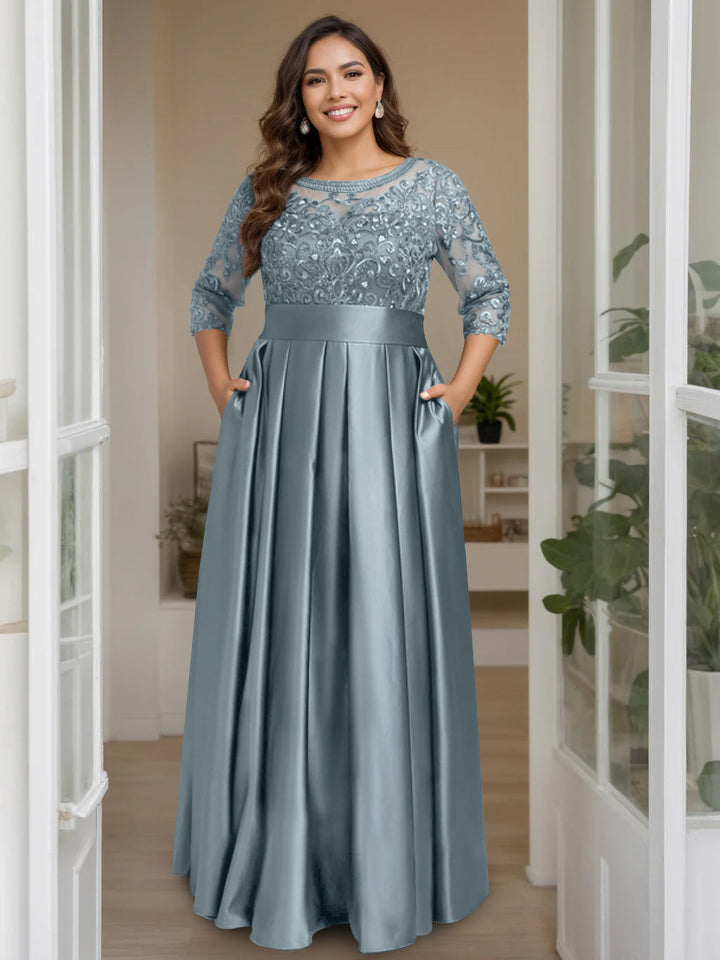 Plus Size Floor-Length Mother of the Bride A-Line Dress with 3/4 Sleeves  Scoop