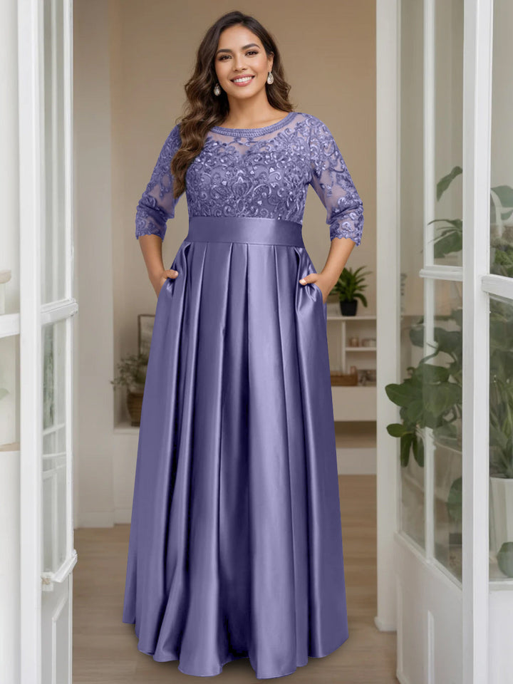 Plus Size Floor-Length Mother of the Bride A-Line Dress with 3/4 Sleeves Scoop Plus Size Floor-Length Mother of the Bride A-Line Dress with 3/4 Sleeves Scoop