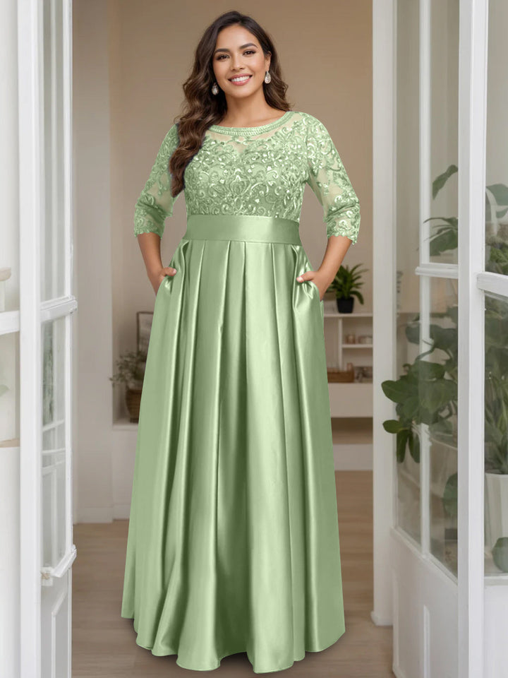 knee length dresses for ladies Plus Size Floor-Length Mother of the Bride A-Line Dress with 3/4 Sleeves  Scoop Neck Bow & Sequins