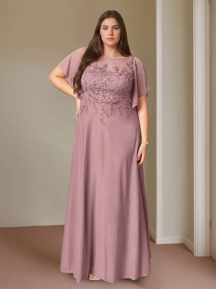 Plus Size Floor-Length Mother of the Bride A-Line Dress with Lace Round  Neck and Short Sleeves