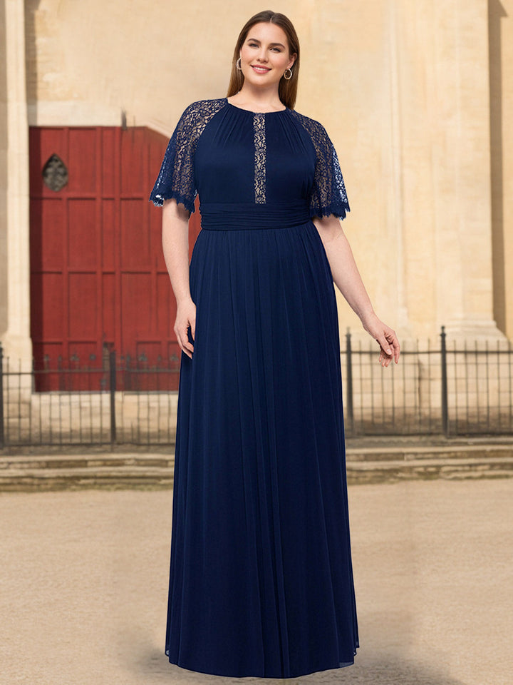 Plus Size Floor-Length Mother of the Bride A-Line Dress with Scoop Neck Half  Sleeves