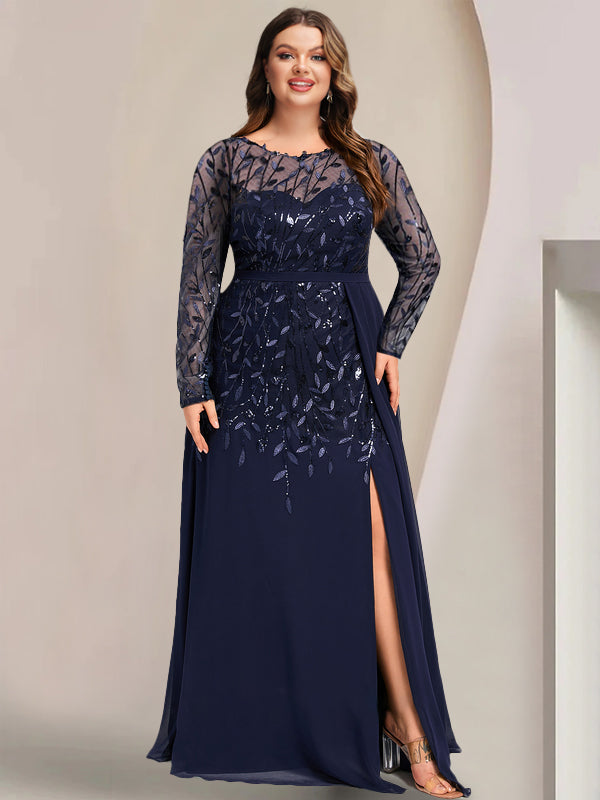 Plus Size Floor-Length Mother of the Bride A-Line Dress with Scoop Neck Long Sleeves Side Split Ruffles & Sequins Plus Size Floor-Length Mother of the Bride A-Line Dress with Scoop Neck Long Sleeves Side Split Ruffles & Sequins