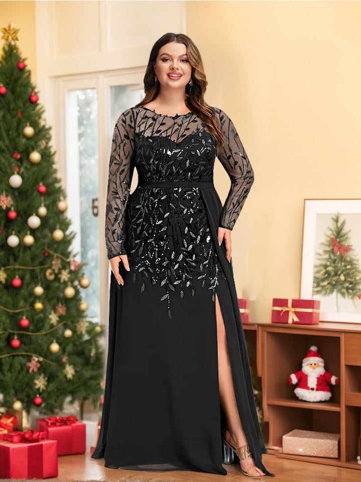 Plus Size Floor-Length Mother of The Bride A-Line Dress with Scoop Neck Long Sleeves Side Split Ruffles & Sequins