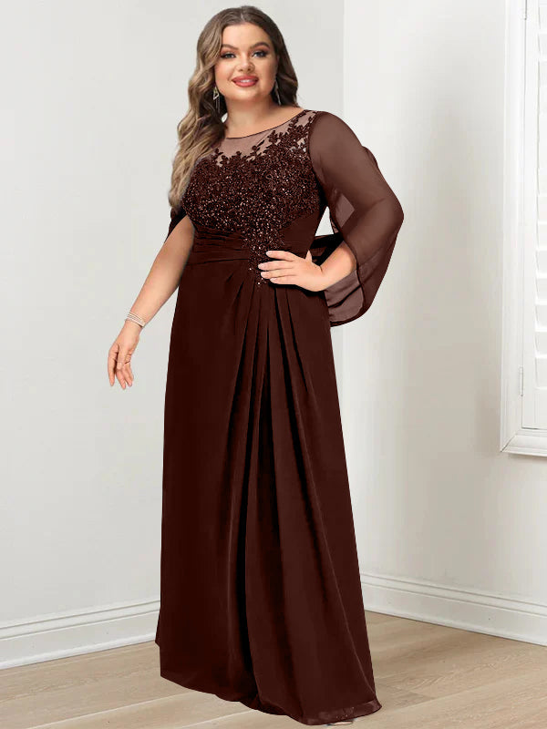 Plus Size Floor-Length Mother of the Bride A-Line Dress with Scoop Neckline Pleats and