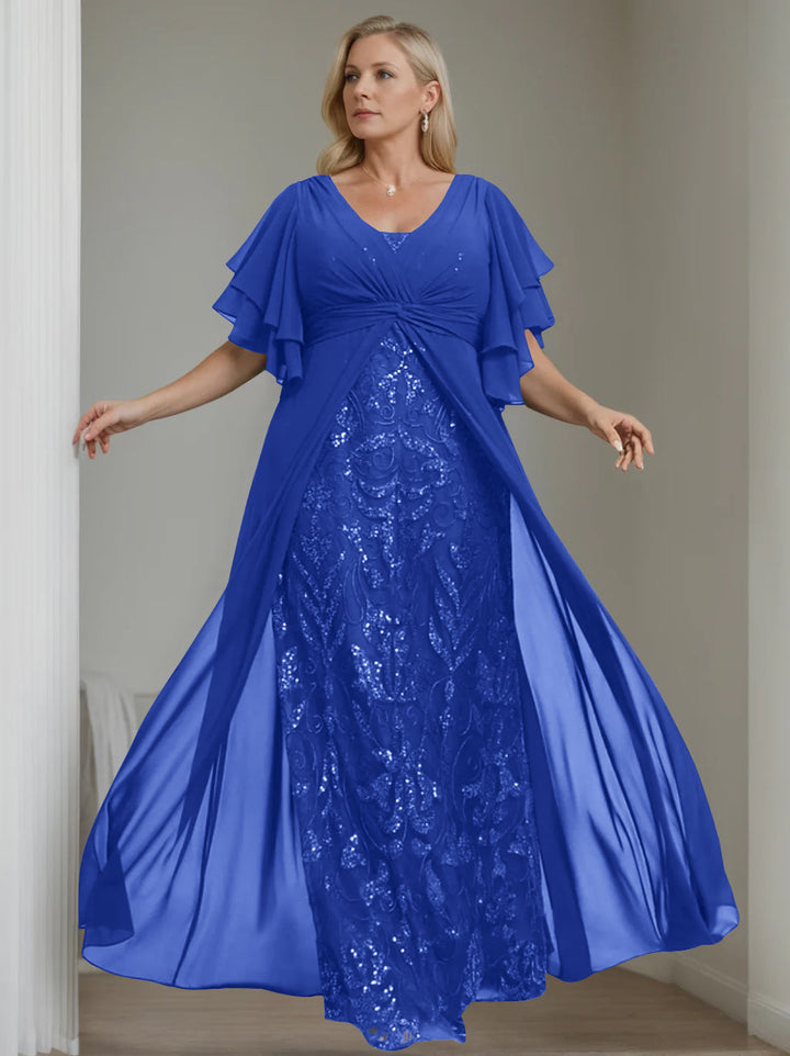 Plus Size Floor-Length Mother of the Bride A-Line Dress with V-Neck and Half Plus Size Floor-Length Mother of the Bride A-Line Dress with V-Neck and Half
