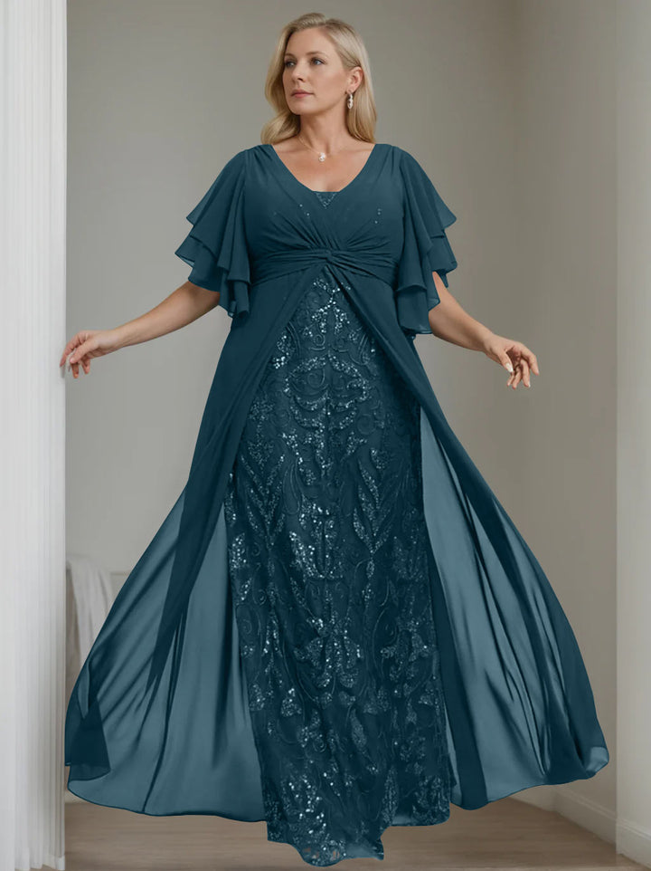 Plus Size Floor-Length Mother of the Bride A-Line Dress with V-Neck and Half Plus Size Floor-Length Mother of the Bride A-Line Dress with V-Neck and Half