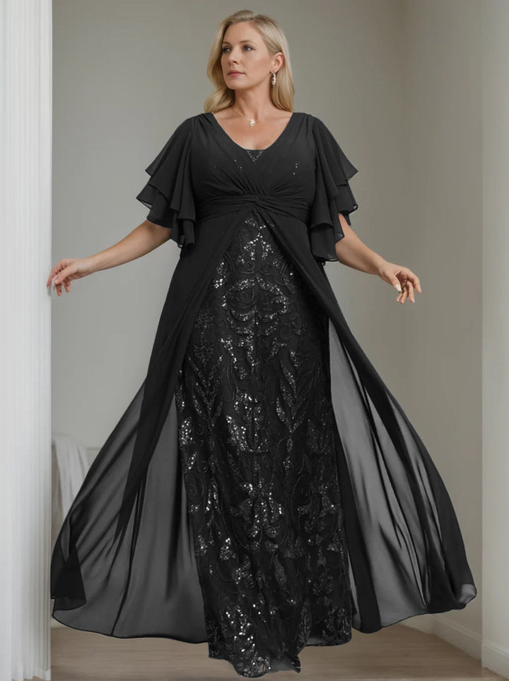 Plus Size Floor-Length Mother of the Bride A-Line Dress with V-Neck and Half